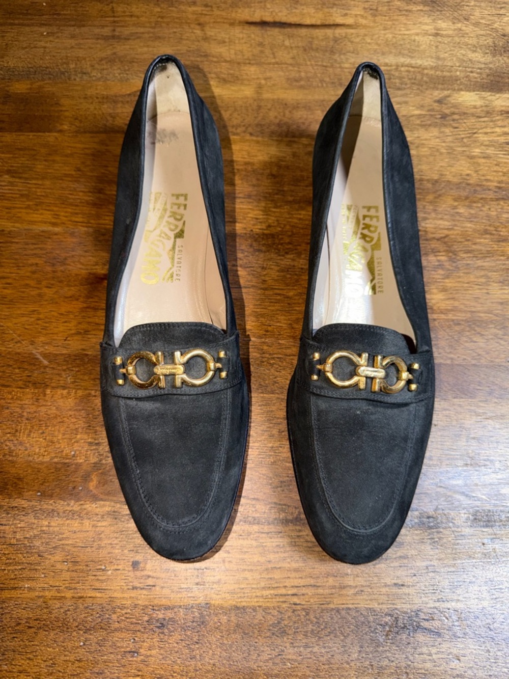 Salvatore Ferragamo‎ Black Suede Vara-Inspired Gold Bit Loafers